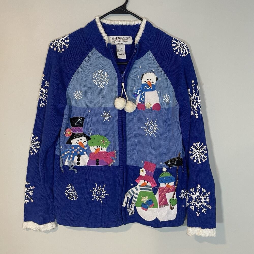 Tiara International Sweater Womens Petite M Blue Christmas Snowman Zip Cardigan‎